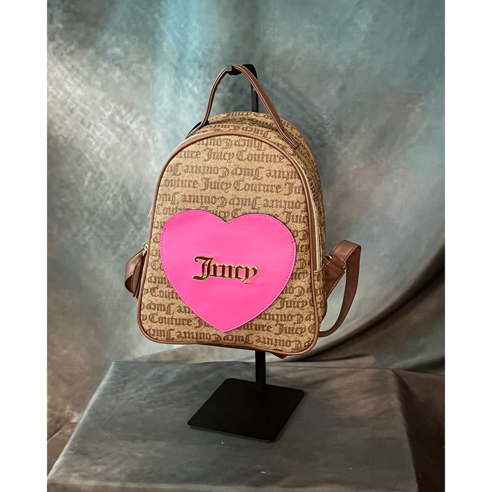 Juicy Couture‎ Tan Monogram Mini Backpack Pink Heart Gold Logo New With Tags